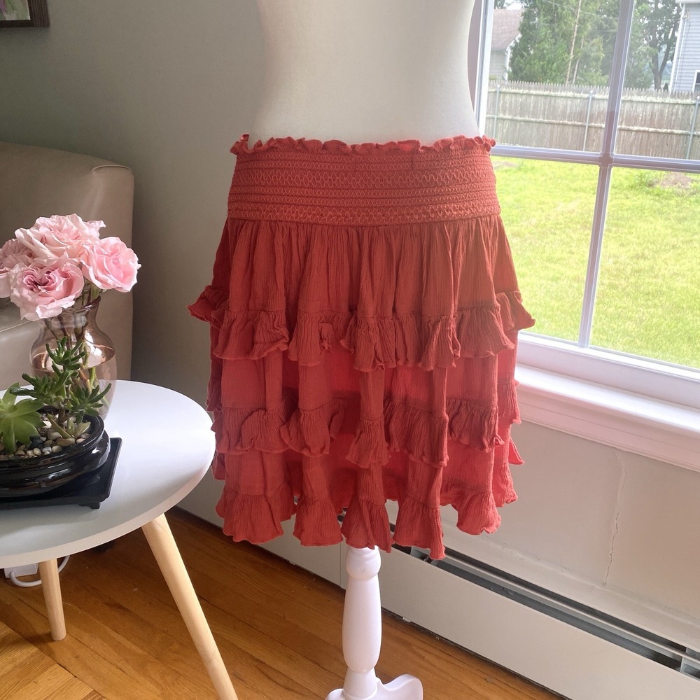 Tea 'N Lace Ruffle Skirt Orange Elastic Waist Flowy Tiered Boho Fairycore Size S - Picture 4 of 7